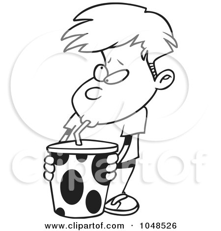 Royalty-Free (RF) Clip Art Illustration of a Cartoon Black And White Outline Design Of A Boy Sucking Soda Through A Straw by toonaday
