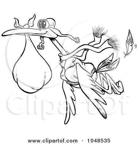 Royalty-Free (RF) Clip Art Illustration of a Cartoon Black And White Outline Design Of A Delivery Stork by toonaday