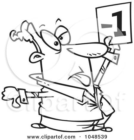 Royalty-Free (RF) Clip Art Illustration of a Cartoon Black And White Outline Design Of A Judge Holding Up A Negative Vote by toonaday