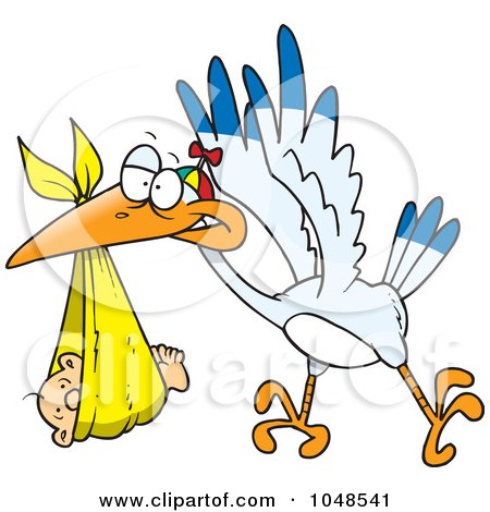 Royalty-Free (RF) Clip Art Illustration of a Cartoon Stork Delivering A Baby In A Blanket by toonaday