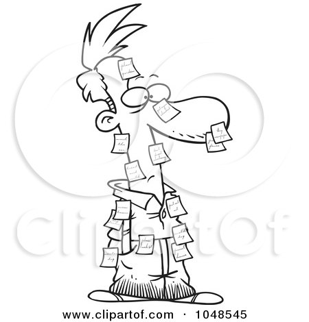 Royalty-Free (RF) Clip Art Illustration of a Cartoon Black And White Outline Design Of A Man Covered In Sticky Notes by toonaday