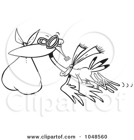 Royalty-Free (RF) Clip Art Illustration of a Cartoon Black And White Outline Design Of A Stork Carrying A Bundle by toonaday