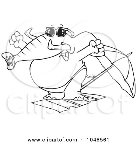 Royalty-Free (RF) Clip Art Illustration of a Cartoon Black And White Outline Design Of A Beach Elephant Stretching by toonaday