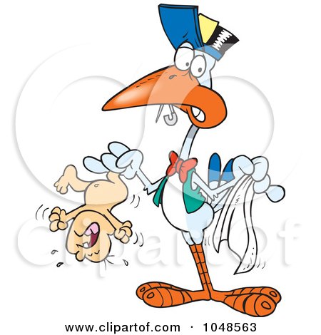 Royalty-Free (RF) Clip Art Illustration of a Cartoon Stork Holding A Crying Baby by toonaday
