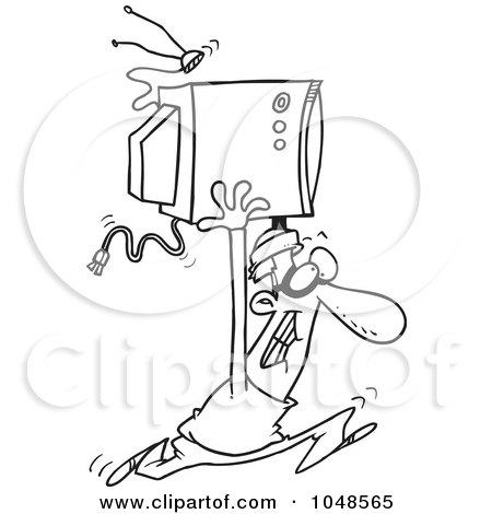 Royalty-Free (RF) Clip Art Illustration of a Cartoon Black And White Outline Design Of A Robber Stealing A TV by toonaday