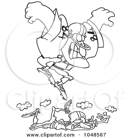 Royalty-Free (RF) Clip Art Illustration of a Cartoon Black And White Outline Design Of A Huge Footballer Stomping On A Smaller Guy by toonaday