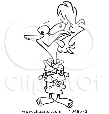 Royalty-Free (RF) Clip Art Illustration of a Cartoon Black And White Outline Design Of A Crazy Woman In A Straight Jacket by toonaday