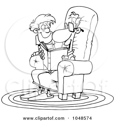 Royalty-Free (RF) Clip Art Illustration of a Cartoon Black And White Outline Design Of A Father Reading A Story To His Son by toonaday