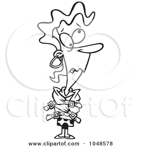 Royalty-Free (RF) Clip Art Illustration of a Cartoon Black And White Outline Design Of A Looney Woman In A Straight Jacket by toonaday