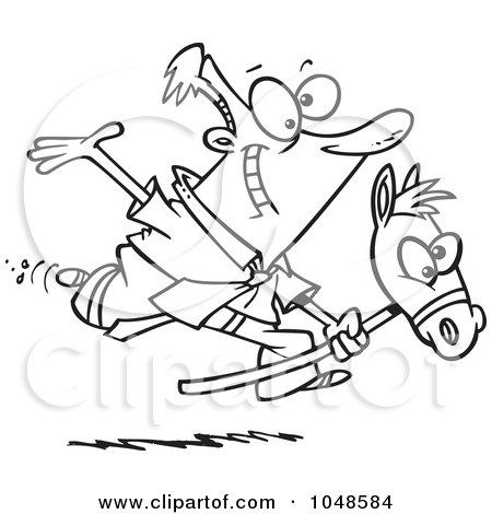 Royalty-Free (RF) Clip Art Illustration of a Cartoon Black And White Outline Design Of A Businessman Riding A Stick Pony by toonaday