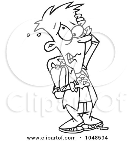 Royalty-Free (RF) Clip Art Illustration of a Cartoon Black And White Outline Design Of A Stressed School Boy by toonaday