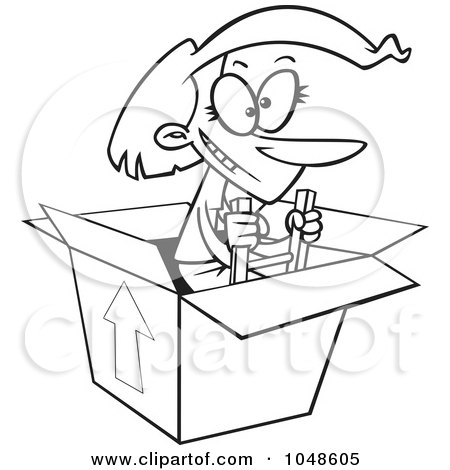 Royalty-Free (RF) Clip Art Illustration of a Cartoon Black And White Outline Design Of A Woman Climbing Out Of A Box by toonaday
