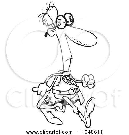 Royalty-Free (RF) Clip Art Illustration of a Cartoon Black And White Outline Design Of A Nerdy Super Hero by toonaday
