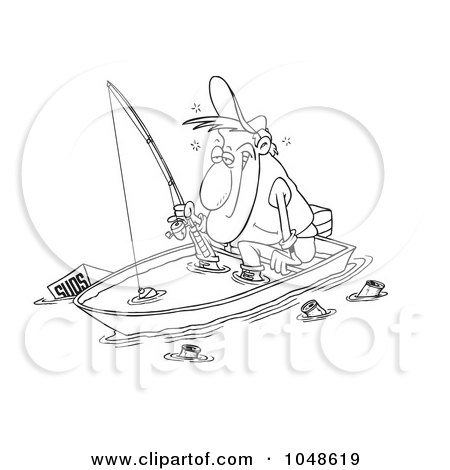 Royalty-Free (RF) Clip Art Illustration of a Cartoon Black And White Outline Design Of A Drunk Man Fishing In A Sinking Boat by toonaday