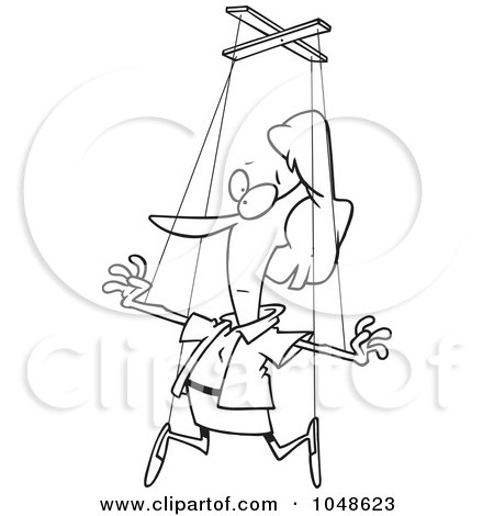 Royalty-Free (RF) Clip Art Illustration of a Cartoon Black And White Outline Design Of A Woman On Puppet Strings by toonaday