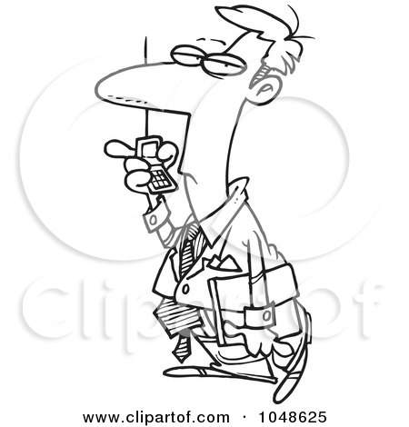 Royalty-Free (RF) Clip Art Illustration of a Cartoon Black And White Outline Design Of A Man Using Speaker Phone On His Cell by toonaday