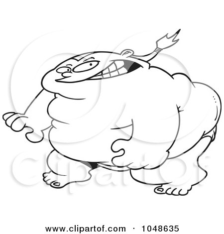Royalty-Free (RF) Clip Art Illustration of a Cartoon Black And White Outline Design Of A Ready Sumo Wrestler by toonaday