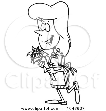 Royalty-Free (RF) Clip Art Illustration of a Cartoon Black And White Outline Design Of A Candy Striper Carrying Flowers by toonaday