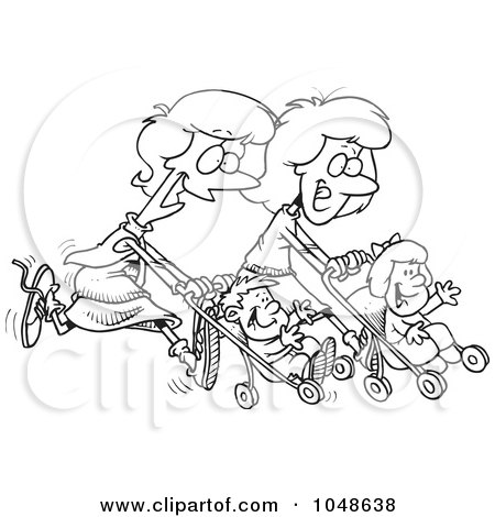Royalty-Free (RF) Clip Art Illustration of a Cartoon Black And White Outline Design Of Mothers Running With Strollers by toonaday