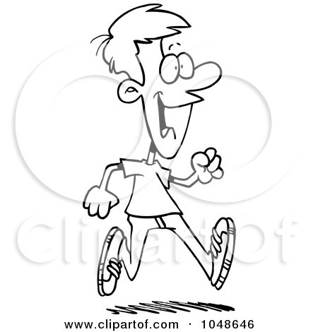 Royalty-Free (RF) Clip Art Illustration of a Cartoon Black And White Outline Design Of A Happy Young Man Taking A Stroll by toonaday