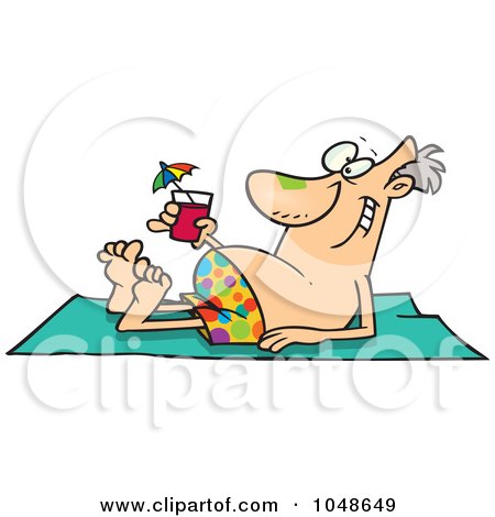 Royalty-Free (RF) Clip Art Illustration of a Cartoon Man Sun Bathing With A Cocktail by toonaday