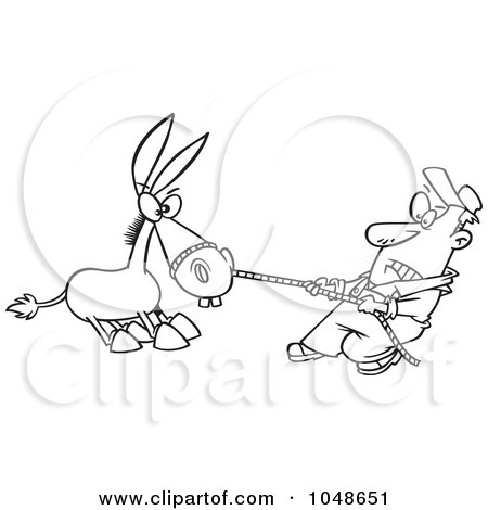 Royalty-Free (RF) Clip Art Illustration of a Cartoon Black And White Outline Design Of A Farmer Pulling A Stubborn Mule by toonaday