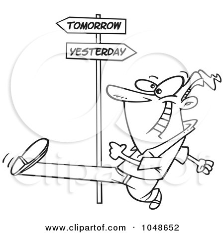 Royalty-Free (RF) Clip Art Illustration of a Cartoon Black And White Outline Design Of A Man Striding Into Tomorrow by toonaday