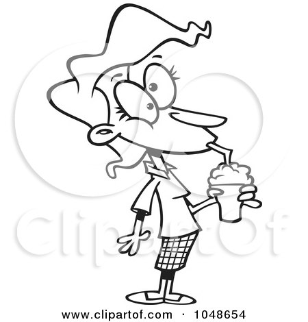 Royalty-Free (RF) Clip Art Illustration of a Cartoon Black And White Outline Design Of A Woman Drinking A Milkshake by toonaday