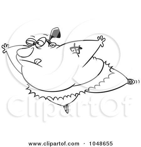 Royalty-Free (RF) Clip Art Illustration of a Cartoon Black And White Outline Design Of A Sumo Ballerina by toonaday