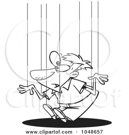 Cartoon Black And White Outline Design Of A Guy On Puppet Strings