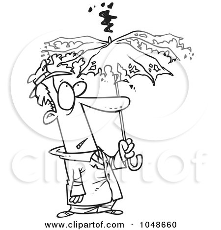 Royalty-Free (RF) Clip Art Illustration of a Cartoon Black And White Outline Design Of A Man Under A Struck Umbrella by toonaday