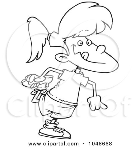 Royalty-Free (RF) Clip Art Illustration of a Cartoon Black And White Outline Design Of A Girl Stretching by toonaday