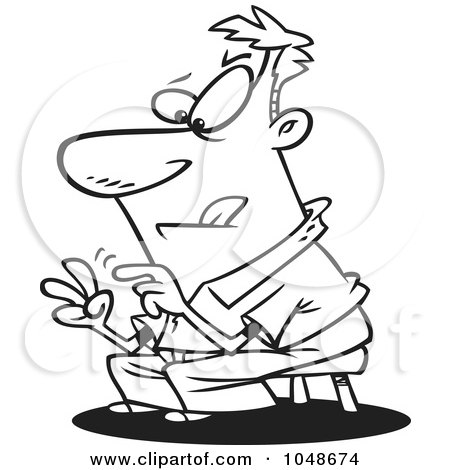 Royalty-Free (RF) Clip Art Illustration of a Cartoon Black And White Outline Design Of A Guy Subtracting With His Fingers by toonaday