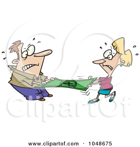 Royalty-Free (RF) Clip Art Illustration of a Cartoon Man And Woman Stretching A Dollar by toonaday