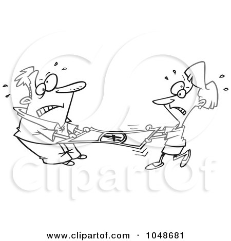 Royalty-Free (RF) Clip Art Illustration of a Cartoon Black And White Outline Design Of A Man And Woman Stretching A Dollar by toonaday
