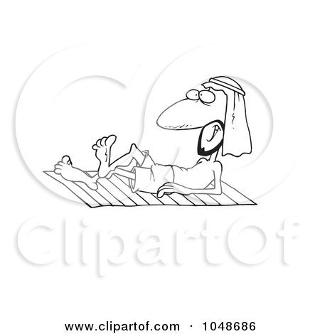 Royalty-Free (RF) Clip Art Illustration of a Cartoon Black And White Outline Design Of An Arabian Man Sun Bathing by toonaday