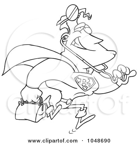 Royalty-Free (RF) Clip Art Illustration of a Cartoon Black And White Outline Design Of A Super Doctor by toonaday