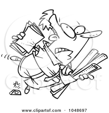 Royalty-Free (RF) Clip Art Illustration of a Cartoon Black And White Outline Design Of A Clumsy Businessman Stumbling by toonaday