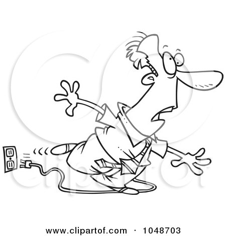 Royalty-Free (RF) Clip Art Illustration of a Cartoon Black And White Outline Design Of A Businessman Stumbling Over A Cord by toonaday