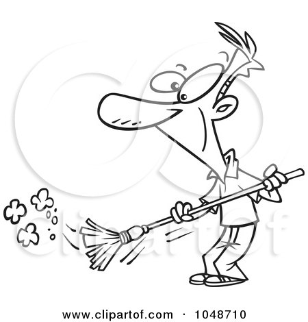 Royalty-Free (RF) Clip Art Illustration of a Cartoon Black And White Outline Design Of A Man Sweeping by toonaday