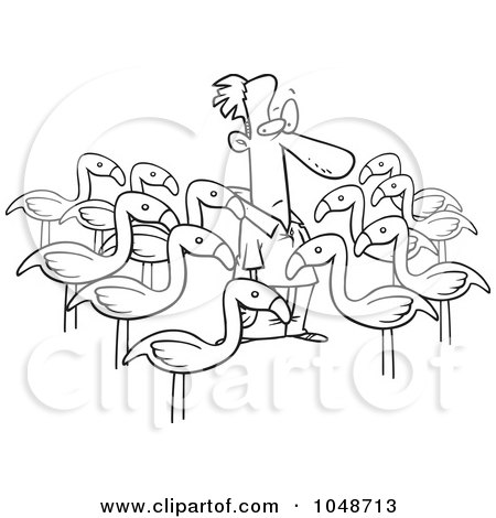 Royalty-Free (RF) Clip Art Illustration of a Cartoon Black And White Outline Design Of Yard Flamingos Surrounding A Man by toonaday