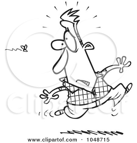 Royalty-Free (RF) Clip Art Illustration of a Cartoon Black And White Outline Design Of A Man Running From A Swarm Of Bees by toonaday