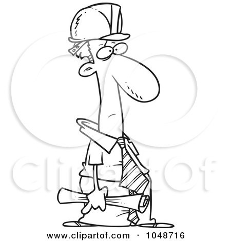 Royalty-Free (RF) Clip Art Illustration of a Cartoon Black And White Outline Design Of A Grouchy Engineer by toonaday