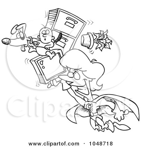 Royalty-Free (RF) Clip Art Illustration of a Cartoon Black And White Outline Design Of A Super Woman Flying by toonaday