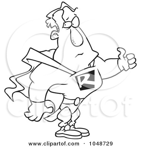 Royalty-Free (RF) Clip Art Illustration of a Cartoon Black And White Outline Design Of A Super Man Holding A Thumb Up by toonaday