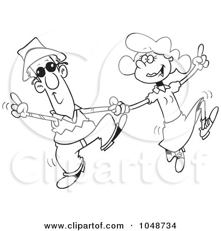Royalty-Free (RF) Clip Art Illustration of a Cartoon Black And White Outline Design Of A Couple Swing Dancing by toonaday