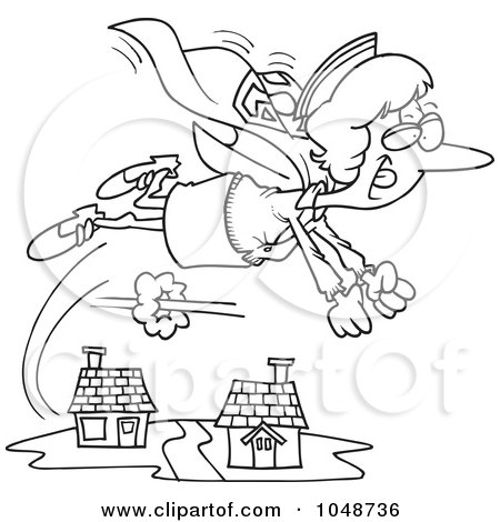 Royalty-Free (RF) Clip Art Illustration of a Cartoon Black And White Outline Design Of A Super Nurse Flying by toonaday