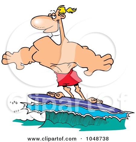 Royalty-Free (RF) Clip Art Illustration of a Cartoon Buff Surfer Riding A Wave by toonaday