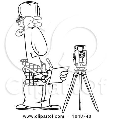 Royalty-Free (RF) Clip Art Illustration of a Cartoon Black And White Outline Design Of A Construction Surveyor by toonaday