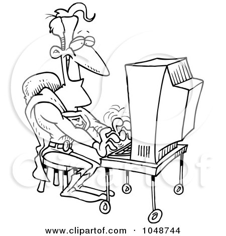 Royalty-Free (RF) Clip Art Illustration of a Cartoon Black And White Outline Design Of A Super Guy Using A Computer by toonaday